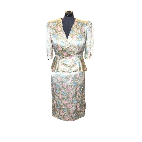 Vintage 1980s Risa Ann Floral Peplum Jacket & Skirt Set With Lace Trim Pastel Co - Picture 6 of 10